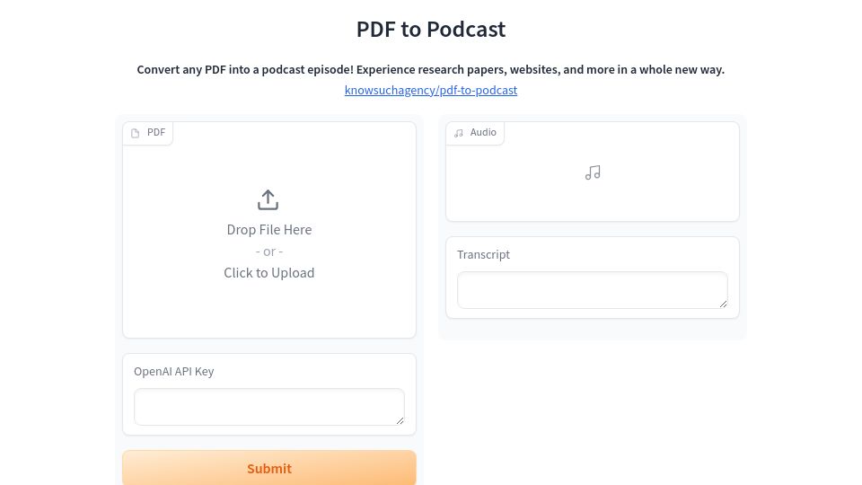 Screenshot of pdf-to-podcast.com: Show HN: PDF to Podcast – Convert Any PDF into a Podcast Episode