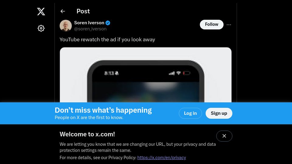 Screenshot of twitter.com: Please maintain eye contact for the duration of the ad