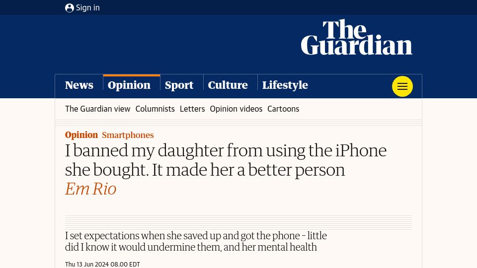 Screenshot of theguardian.com: Taking away iPhone made daughter a better person