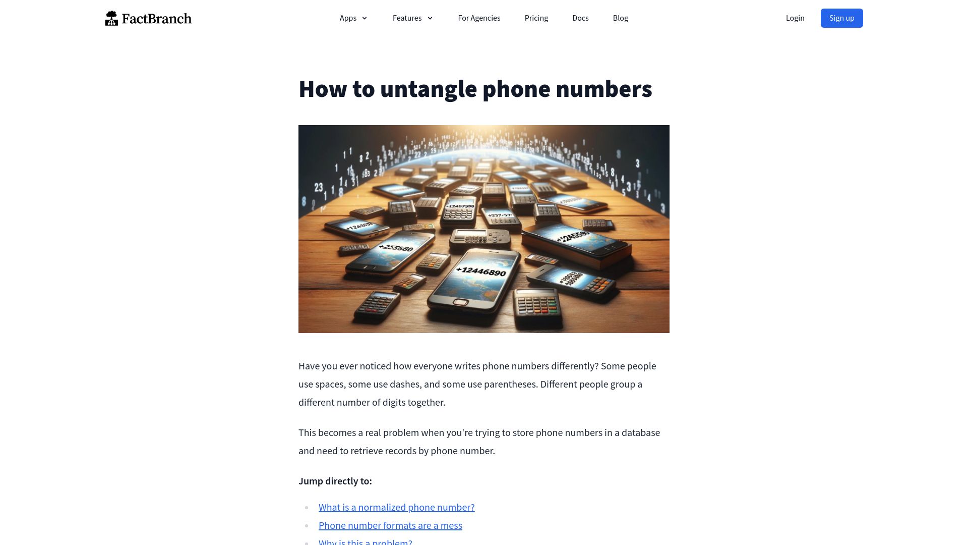 Screenshot of factbranch.com: How to untangle phone numbers