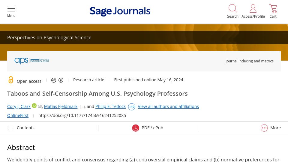 Screenshot of journals.sagepub.com: Taboos and Self-Censorship Among U.S. Psychology Professors
