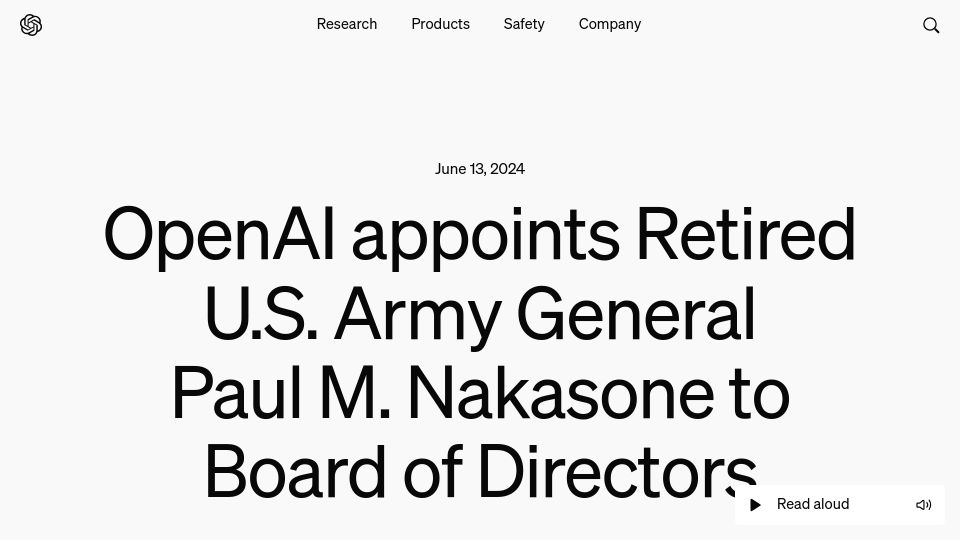 Screenshot of openai.com: OpenAI appoints Retired U.S. Army General Paul M. Nakasone to Board