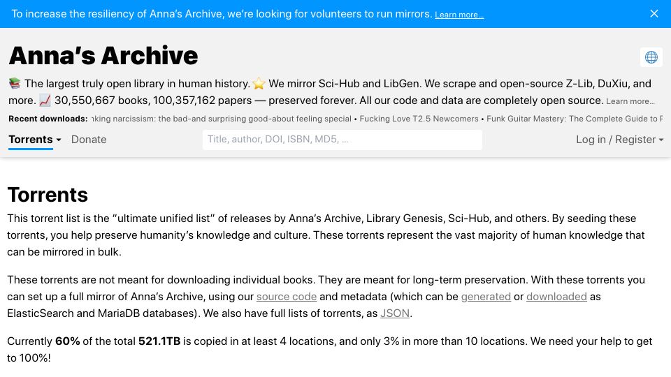 Screenshot of annas-archive.org: You can help Anna's Archive by seeding torrents