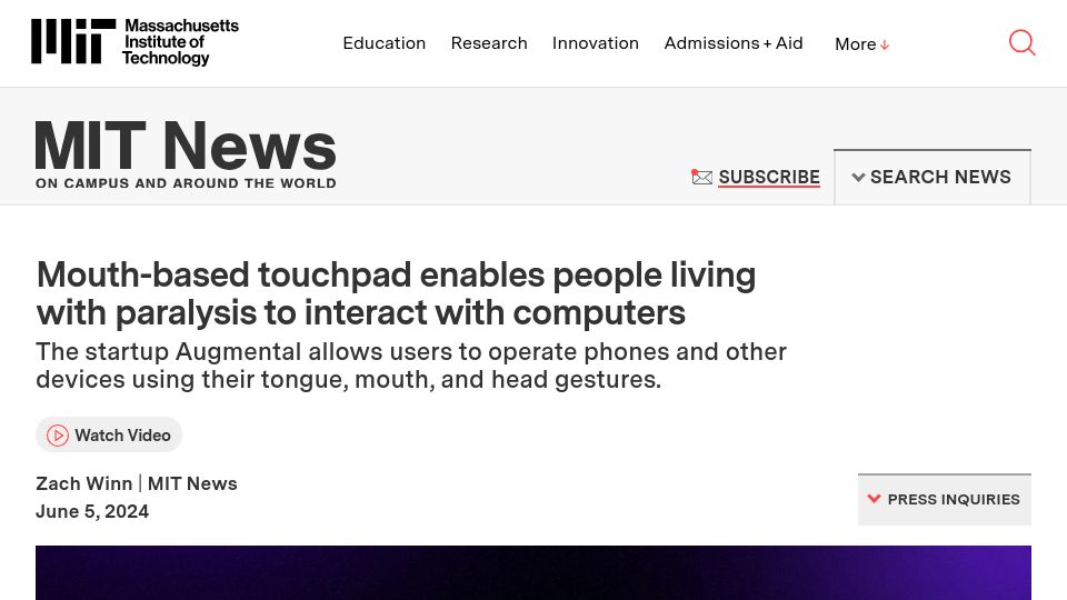 Screenshot of news.mit.edu: Mouth-based touchpad enables people living with paralysis to use computers