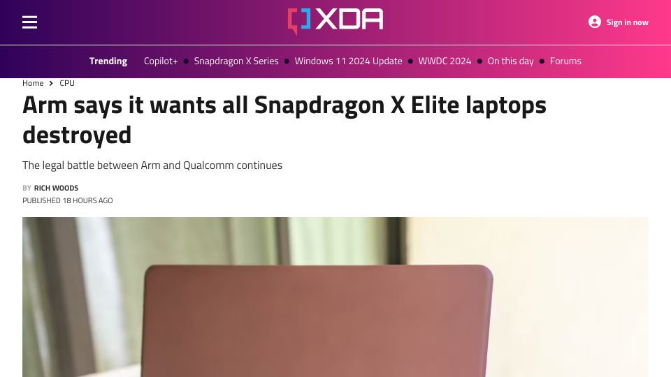 Screenshot of xda-developers.com: Arm says it wants all Snapdragon X Elite laptops destroyed
