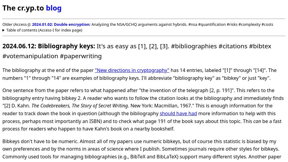 Screenshot of blog.cr.yp.to: Bibliography keys: It's as easy as [1], [2], [3]