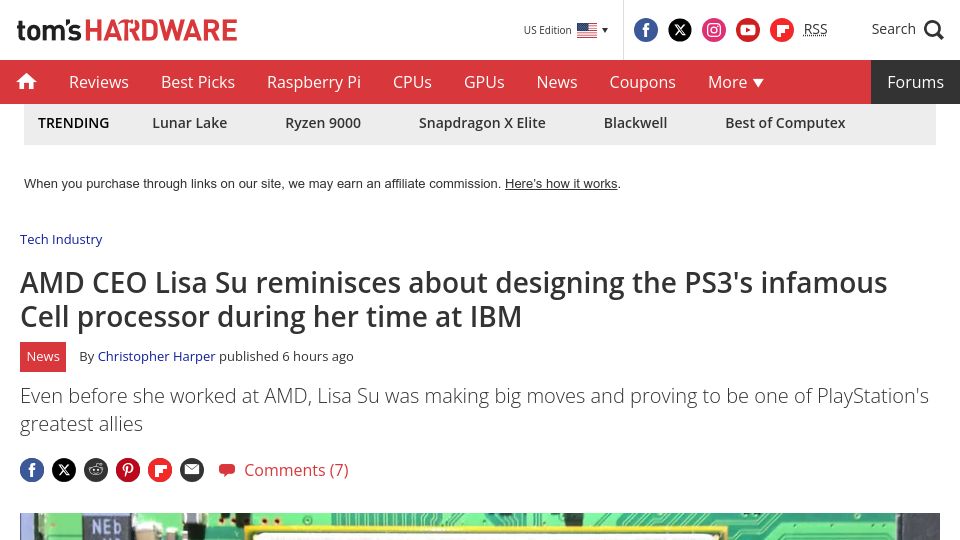 Screenshot of tomshardware.com: AMD CEO Lisa Su reminisces about designing the PS3's infamous Cell processor