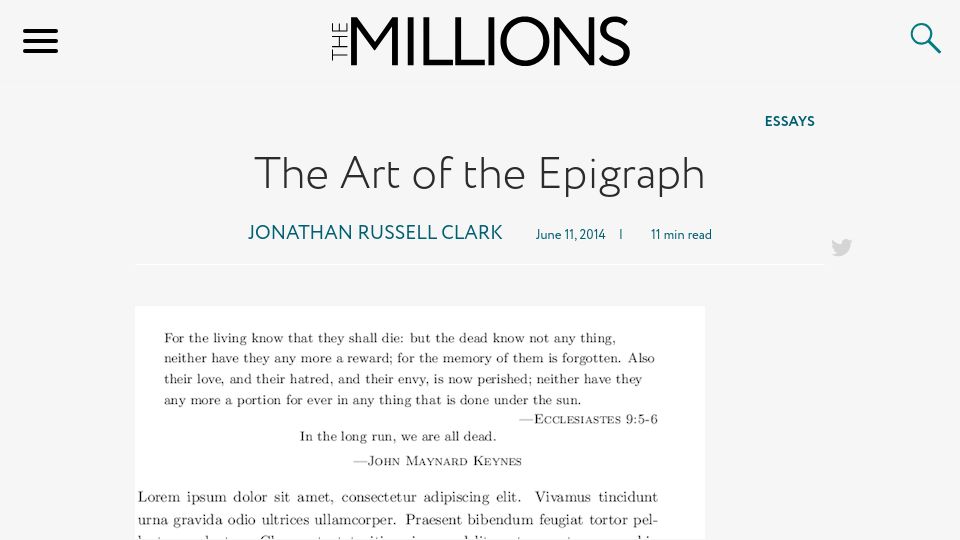 Screenshot of themillions.com: The Art of the Epigraph (2014)