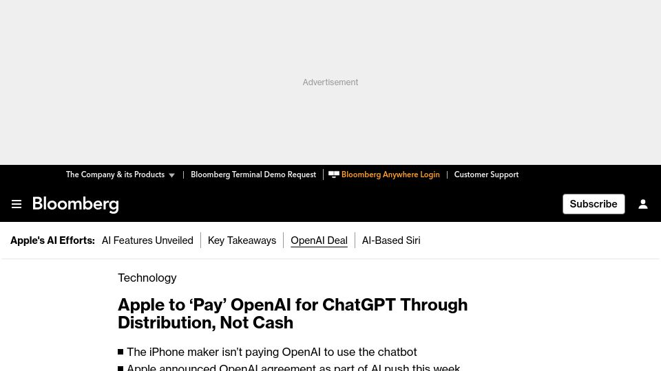 Screenshot of bloomberg.com: Apple to 'Pay' OpenAI for ChatGPT Through Distribution, Not Cash