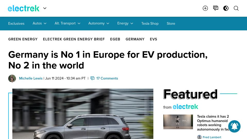 Screenshot of electrek.co: Germany is No 1 in Europe for EV production, No 2 in the world