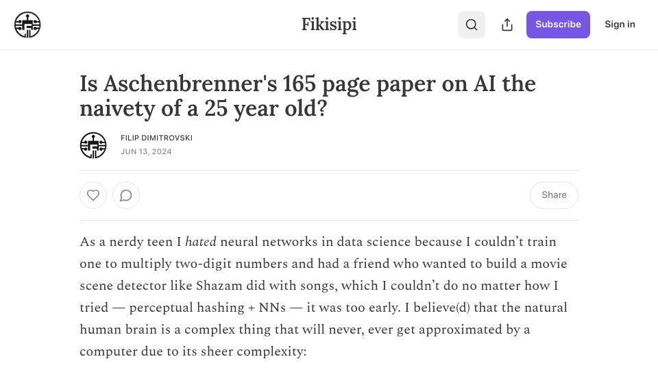 Screenshot of fikisipi.substack.com: Is Aschenbrenner's 165 page paper on AI the naivety of a 25 year old?