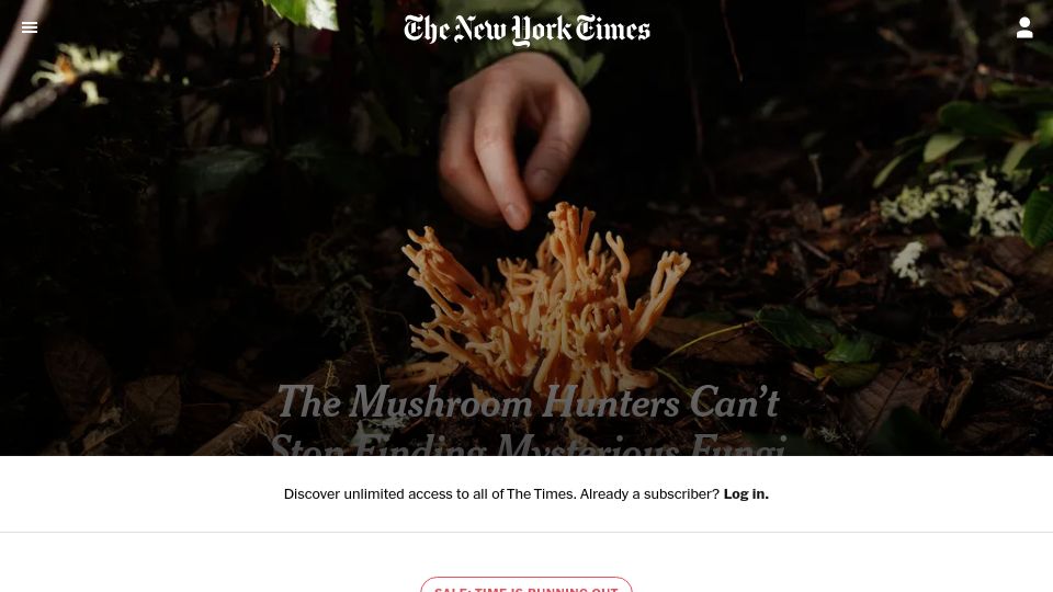 Screenshot of nytimes.com: Mushroom hunters can't stop finding mysterious fungi