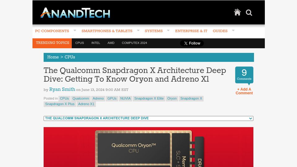 Screenshot of anandtech.com: The Qualcomm Snapdragon X Architecture Deep Dive: Getting to Know Oryon