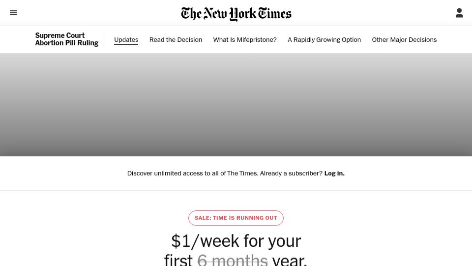 Screenshot of nytimes.com: Supreme Court Upholds Broad Access to Abortion Pill Mifepristone