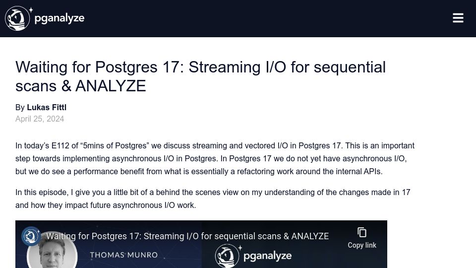 Screenshot of pganalyze.com: Postgres 17: Streaming I/O for sequential scans and ANALYZE