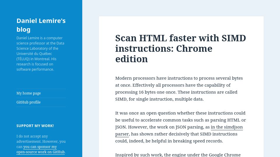 Screenshot of lemire.me: Scan HTML faster with SIMD instructions – Chrome edition