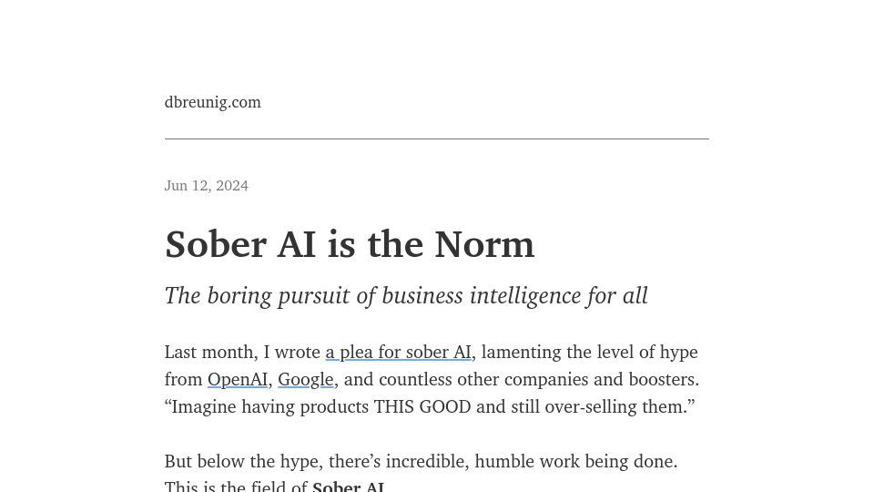 Screenshot of dbreunig.com: Beneath the AGI and Foundational Model Hype, Sober AI Is the Enterprise Default