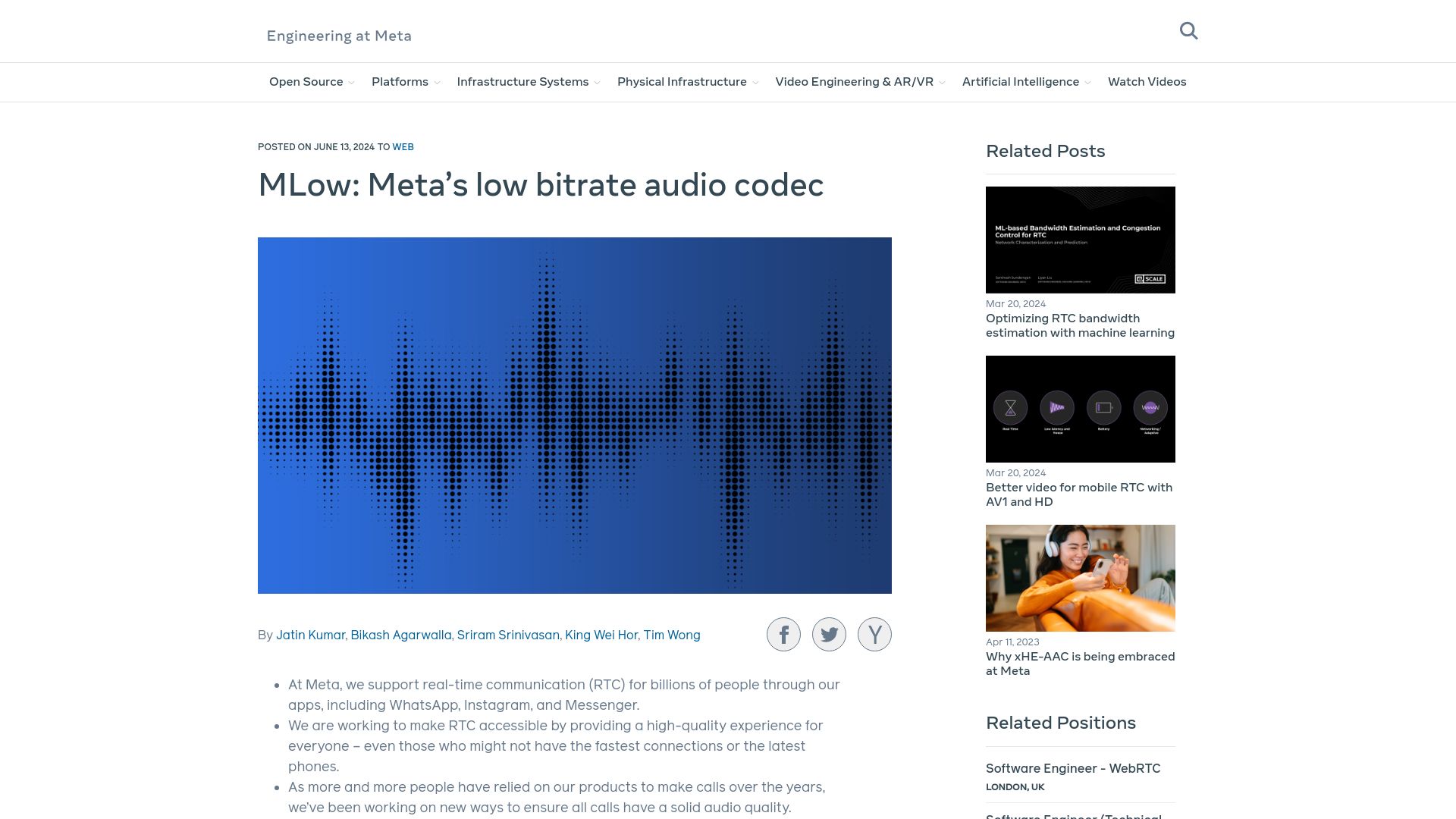 Screenshot of engineering.fb.com: MLow: Meta's low bitrate audio codec