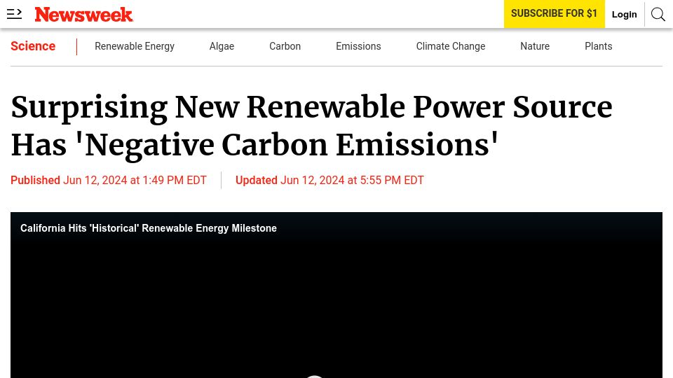 Screenshot of newsweek.com: Surprising New Renewable Power Source Has 'Negative Carbon Emissions'