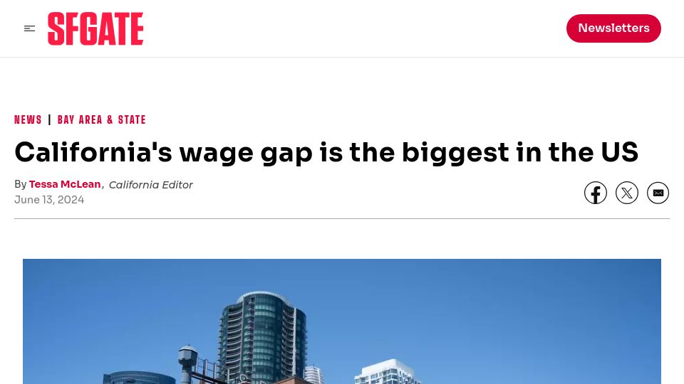 Screenshot of sfgate.com: California's wage gap is the biggest in the US