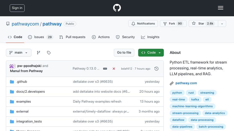 Screenshot of github.com: Show HN: Pathway – Build Mission Critical ETL and RAG in Python (NATO, F1 Used)