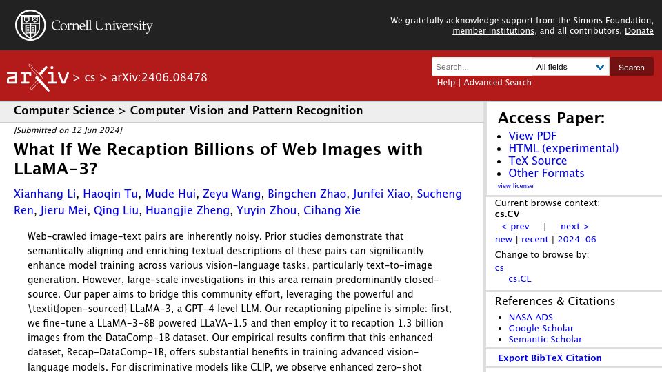 Screenshot of arxiv.org: What If We Recaption Billions of Web Images with LLaMA-3?