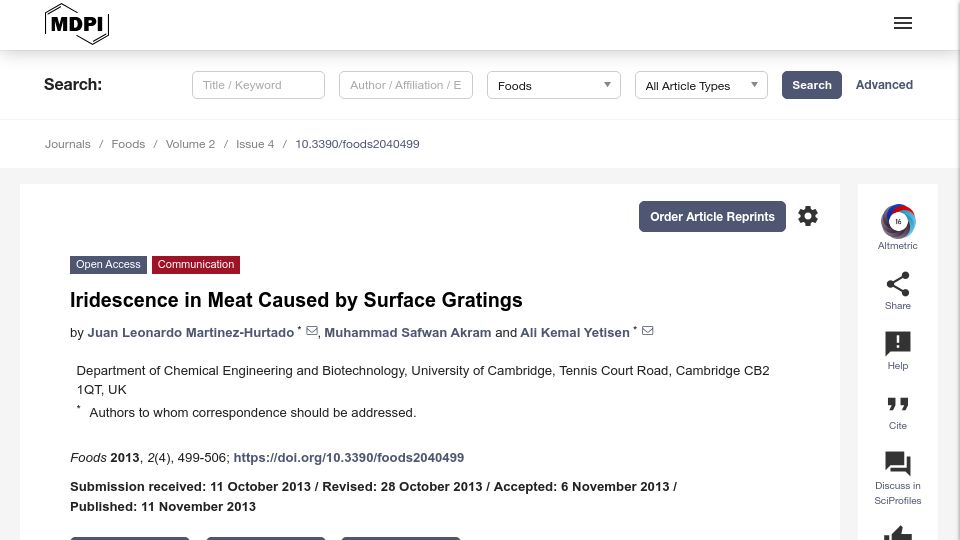 Screenshot of mdpi.com: Iridescence in Meat Caused by Surface Gratings (2013)