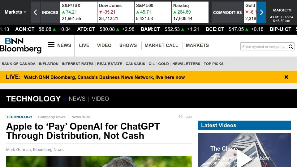 Screenshot of bnnbloomberg.ca: Apple to 'Pay' OpenAI for ChatGPT Through Distribution, Not Cash