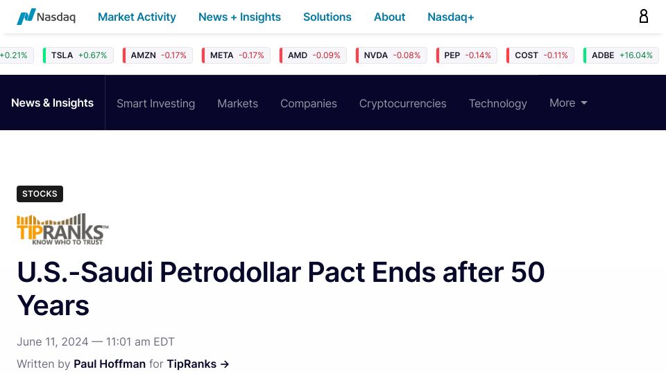 Screenshot of nasdaq.com: U.S.-Saudi petrodollar pact ends after 50 years