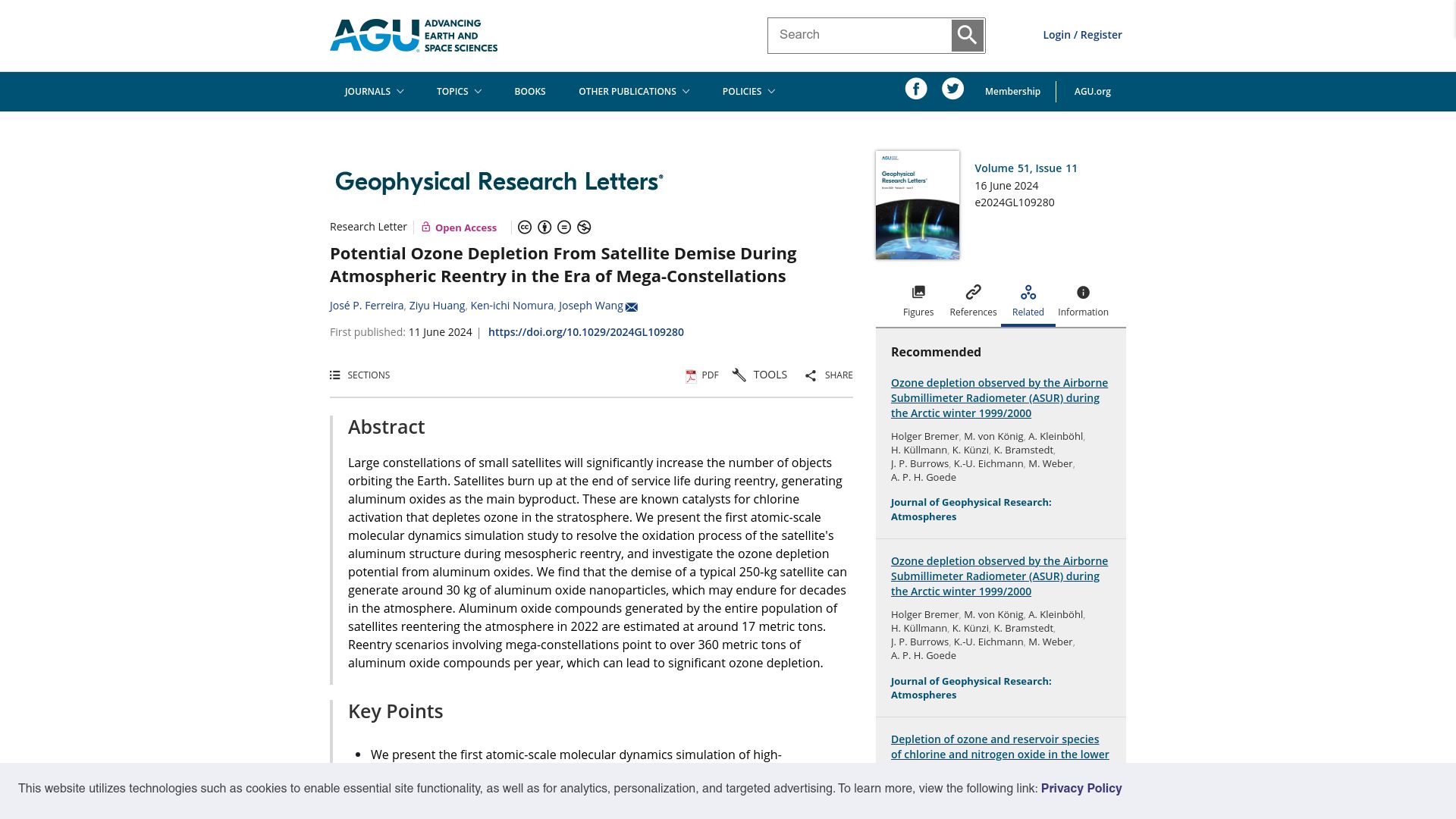 Screenshot of agupubs.onlinelibrary.wiley.com: Potential ozone depletion from satellite demise during atmospheric reentry