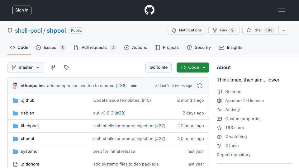 Screenshot of github.com: Show HN: Shpool, a Lightweight Tmux Alternative