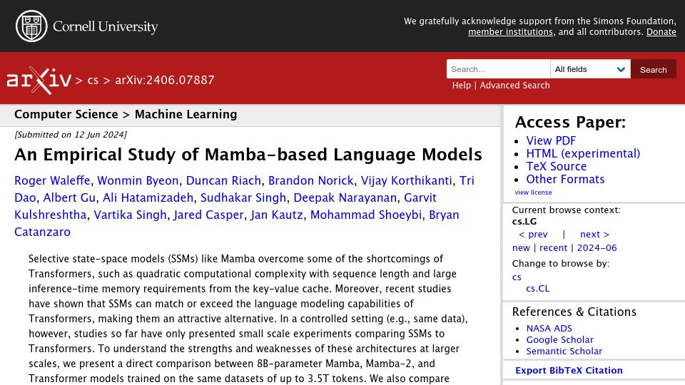 Screenshot of arxiv.org: An Empirical Study of Mamba-Based Language Models