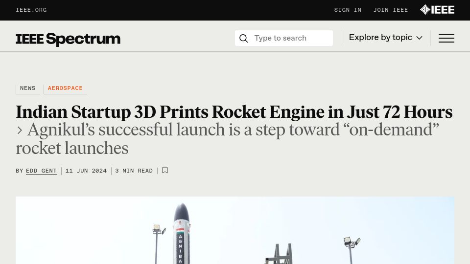 Screenshot of spectrum.ieee.org: Indian startup 3D prints rocket engine in 72 hours