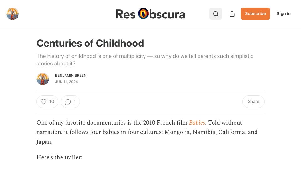 Screenshot of resobscura.substack.com: Centuries of Childhood