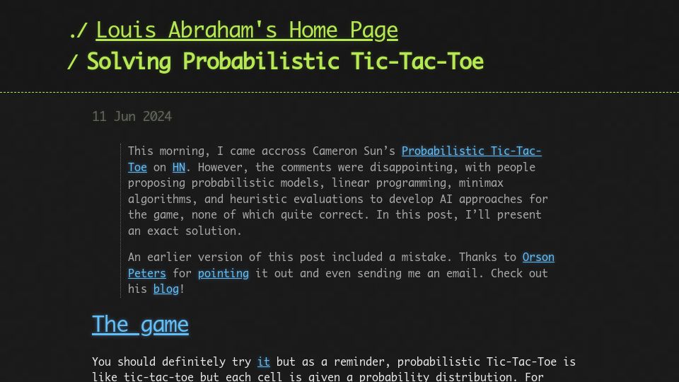 Screenshot of louisabraham.github.io: Solving Probabilistic Tic-Tac-Toe
