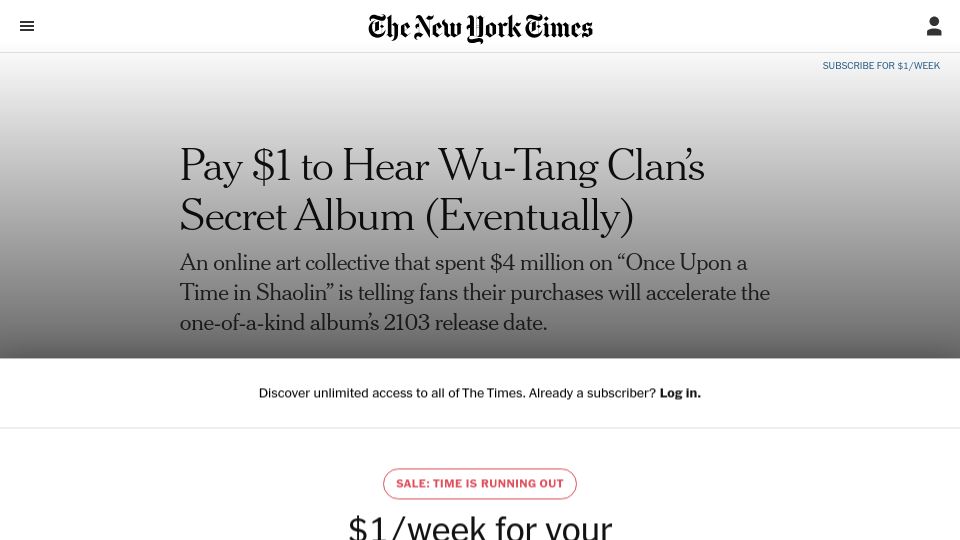 Screenshot of nytimes.com: Pay $1 to Hear Wu-Tang Clan’s Secret Album (Eventually)