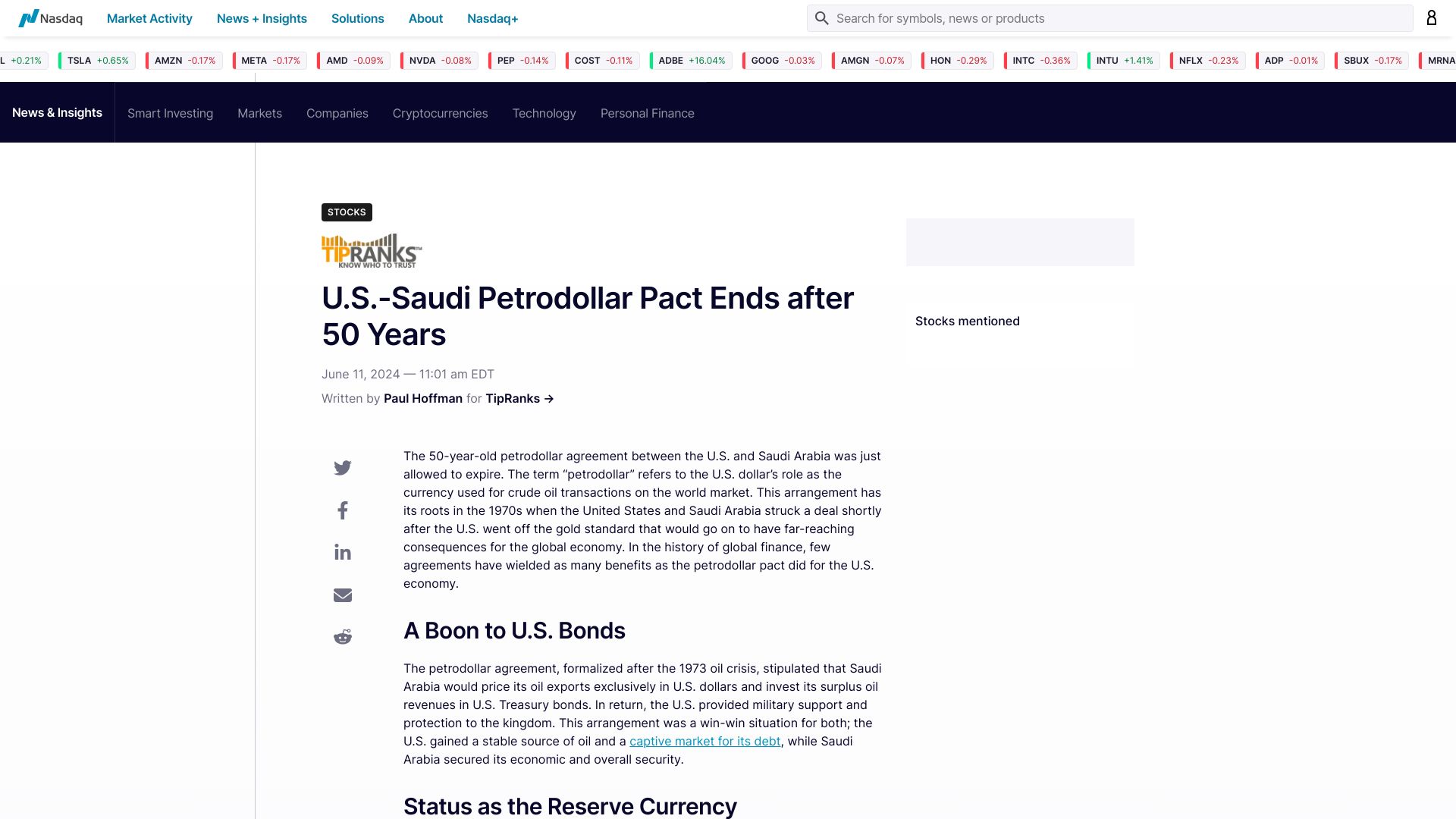 Screenshot of nasdaq.com: U.S.-Saudi petrodollar pact ends after 50 years