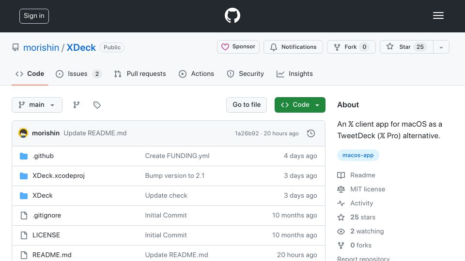Screenshot of github.com: Show HN: XDeck – An ad-blocking client app for macOS, like TweetDeck