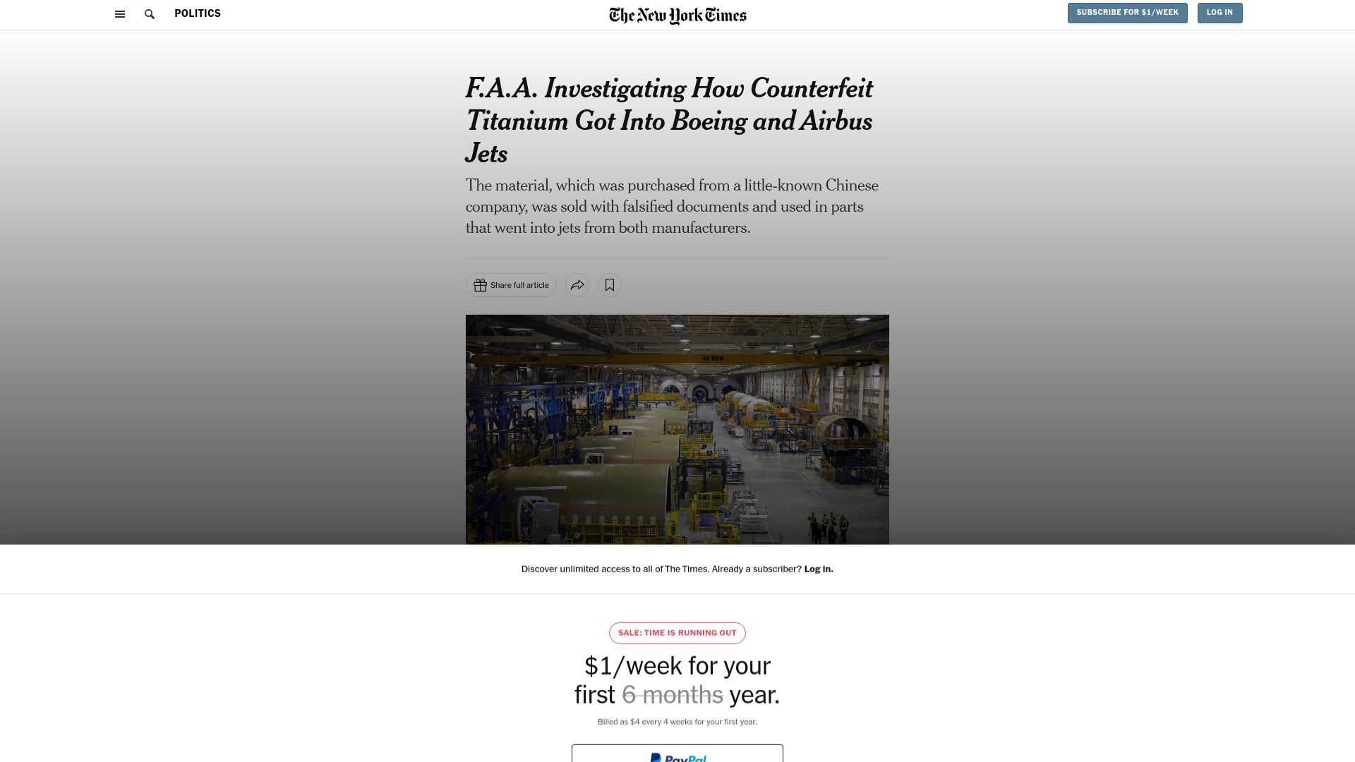 Screenshot of nytimes.com: FAA investigating how counterfeit titanium got into Boeing and Airbus jets