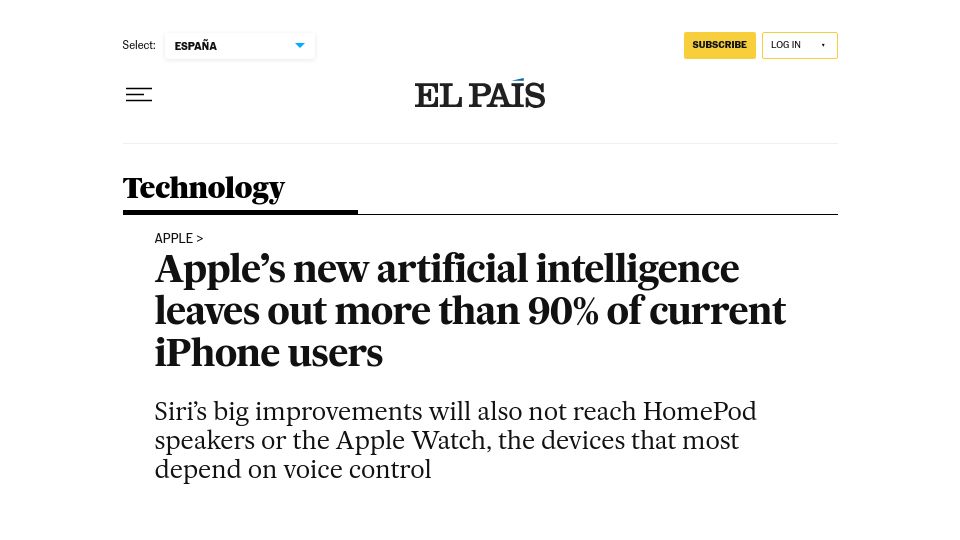 Screenshot of english.elpais.com: Apple's new AI leaves out more than 90% of current iPhone users