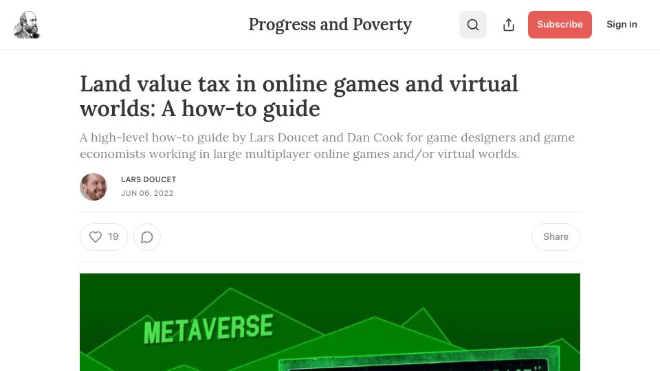 Screenshot of progressandpoverty.substack.com: Land value tax in online games and virtual worlds (2022)