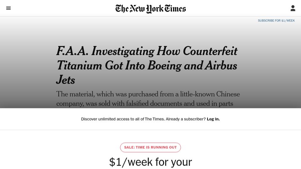 Screenshot of nytimes.com: FAA investigating how counterfeit titanium got into Boeing and Airbus jets