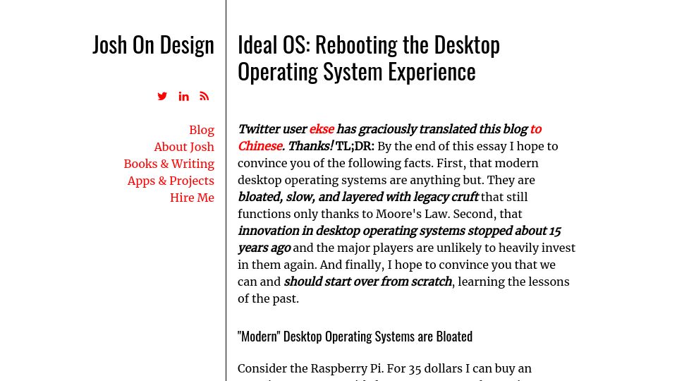 Screenshot of joshondesign.com: Ideal OS: Rebooting the Desktop Operating System (2017)