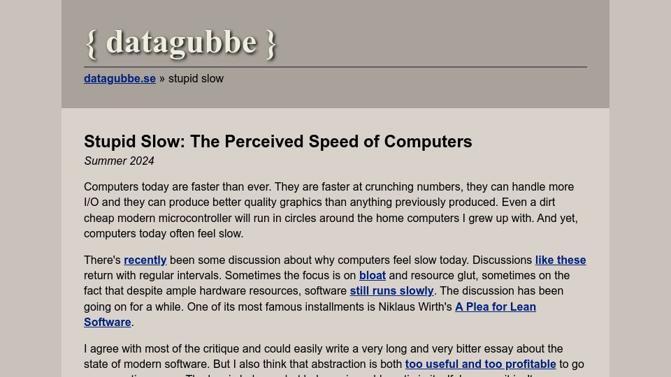 Screenshot of datagubbe.se: The perceived speed of computers
