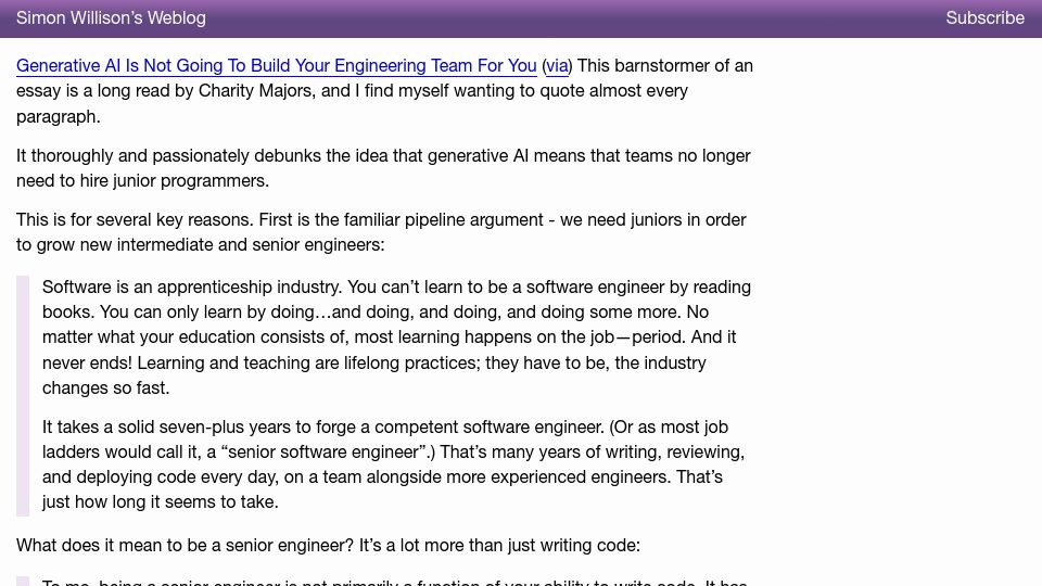 Screenshot of simonwillison.net: Generative AI Is Not Going to Build Your Engineering Team for You