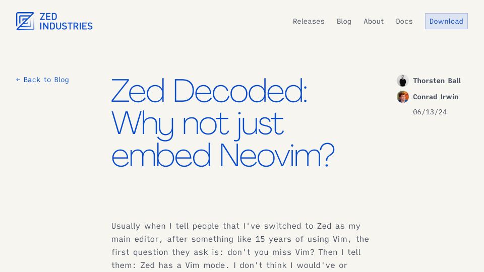 Screenshot of zed.dev: Why not just embed Neovim?