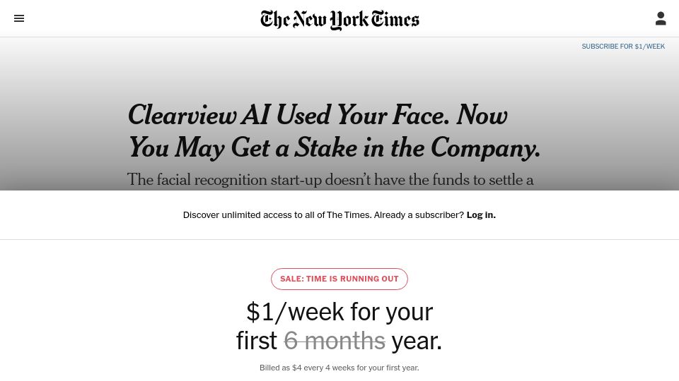 Screenshot of nytimes.com: Clearview AI Used Your Face. Now You May Get a Stake in the Company