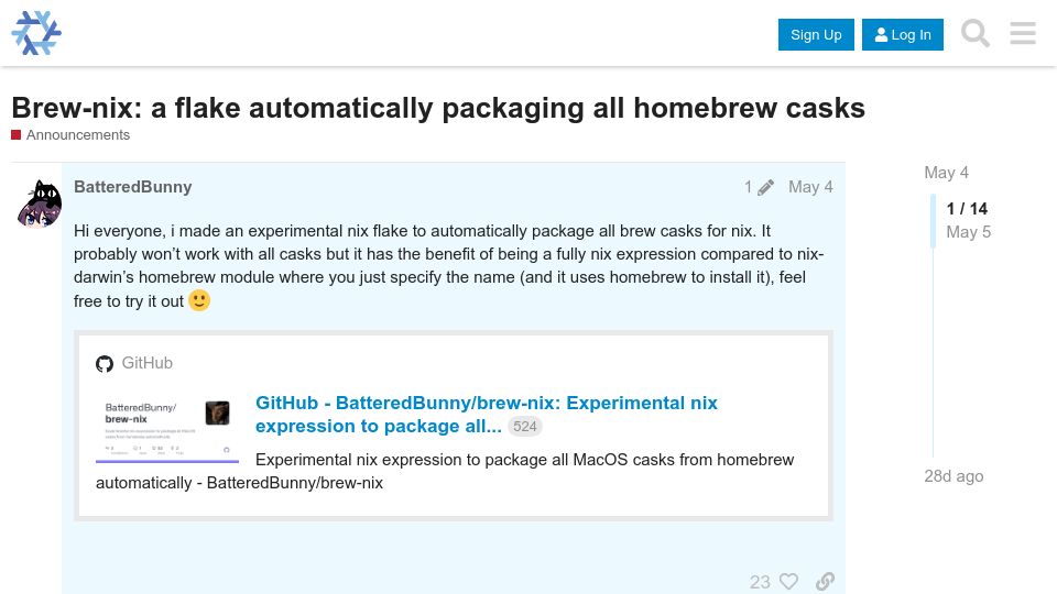 Screenshot of discourse.nixos.org: Brew-Nix: a flake automatically packaging all homebrew casks