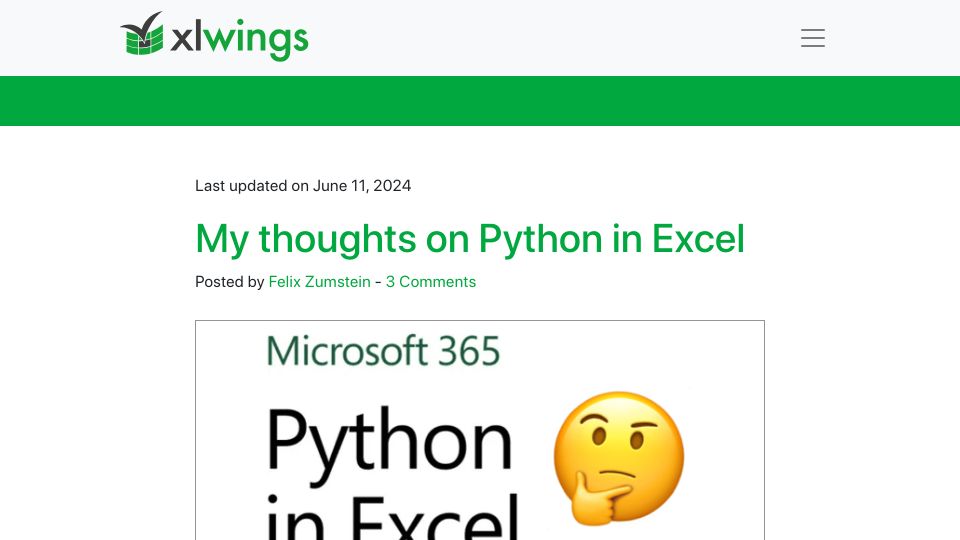 Screenshot of xlwings.org: My thoughts on Python in Excel