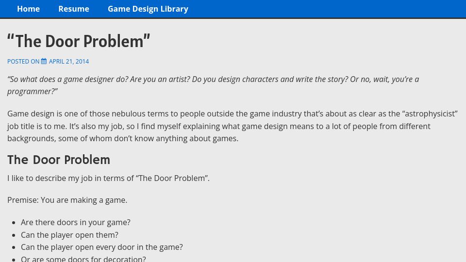 Screenshot of lizengland.com: "The Door Problem" (2014)